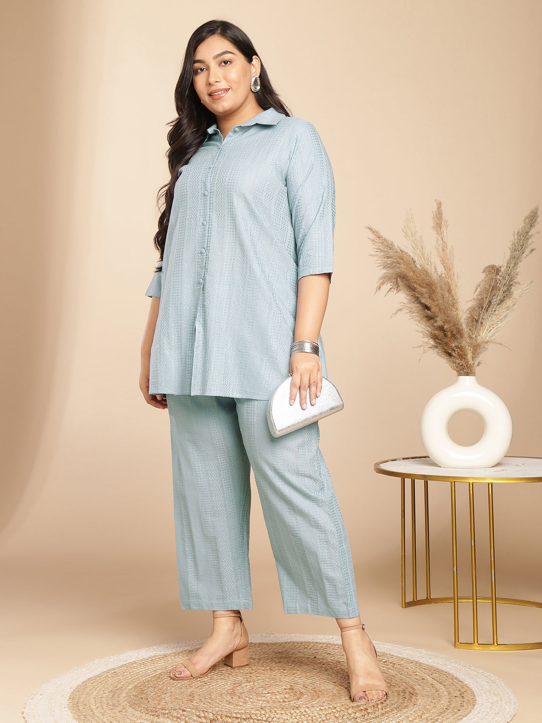 Light Blue Cotton Jacquard Self Design Shirt Co-ord Set