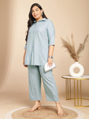 Plus Size Light Blue Cotton Jecquard Self Design Shirt Style Co-ord Set