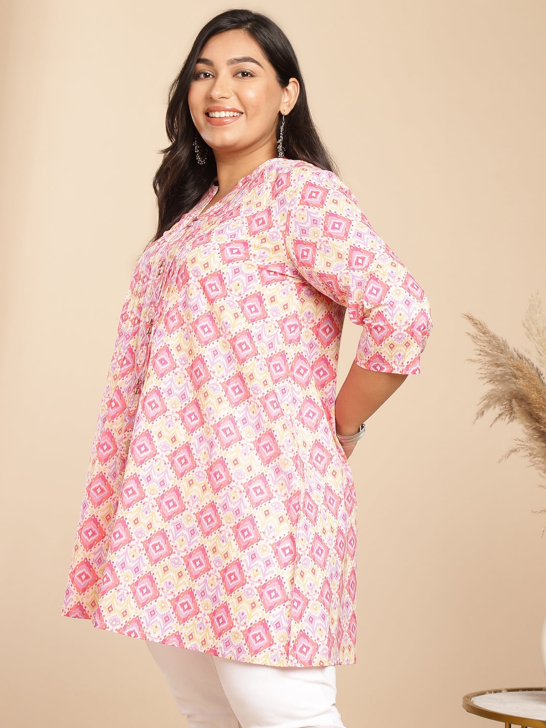 Plus Size Pink Cotton Ikkat Pleated Tunic