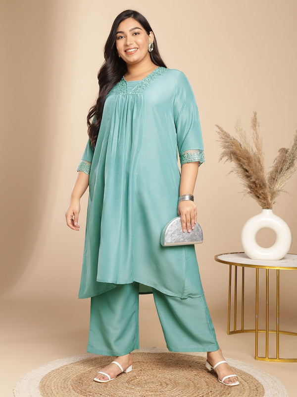 Sage Green Muslin Yoke Embroidery A-Line Kurta Set