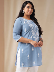 Plus Size Blue Cotton Chikankari Regular Tunic