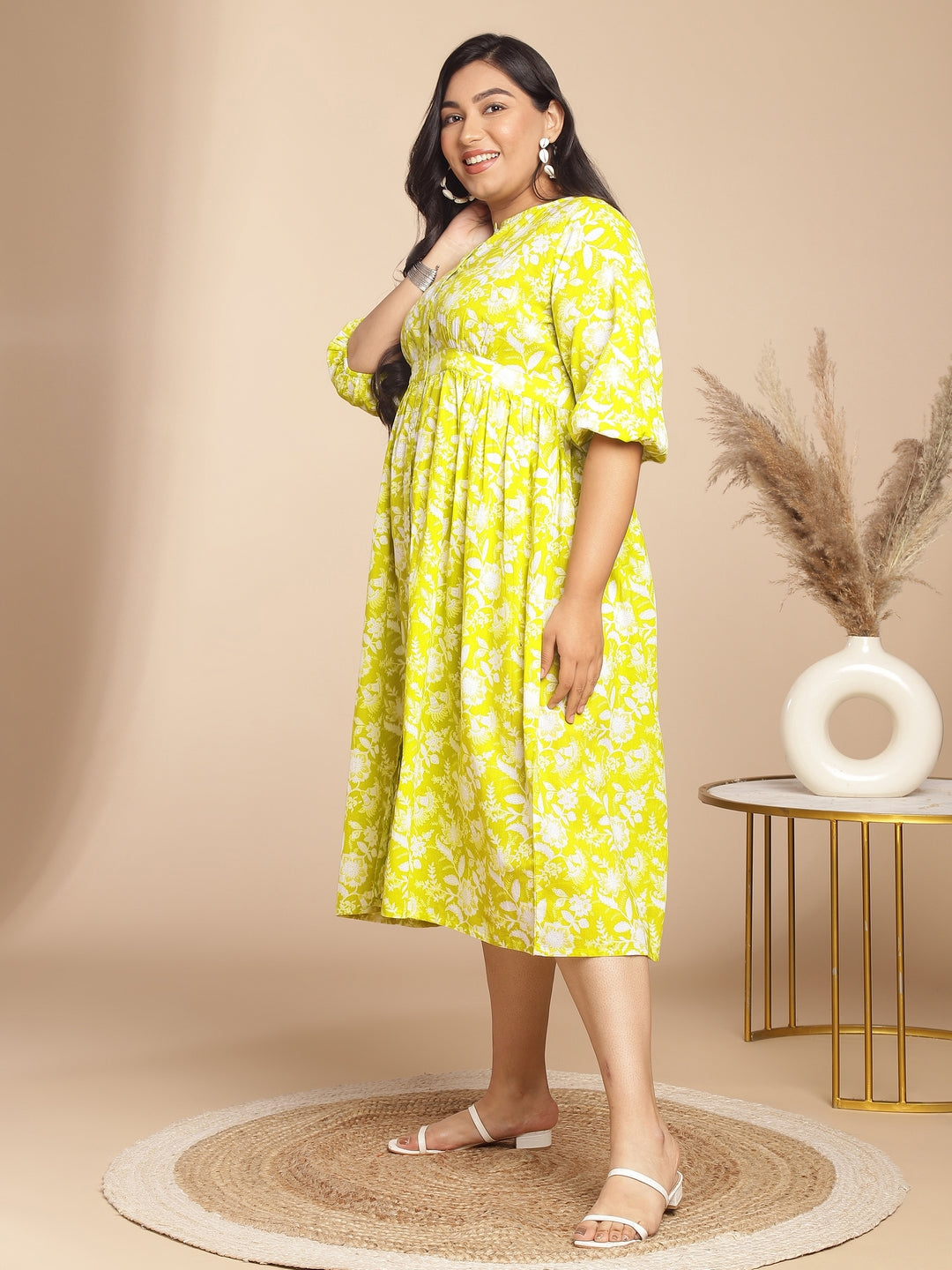 Plus Size Lime Cotton Floral Gathered Dress