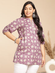 Plus Size Purple Cotton Floral Regular Tunic