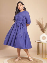 Plus Size Blue Poplin Solid Flared Dress