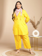 Plus Size Yellow Dobby Cotton Self Design High-Low Scarf Set