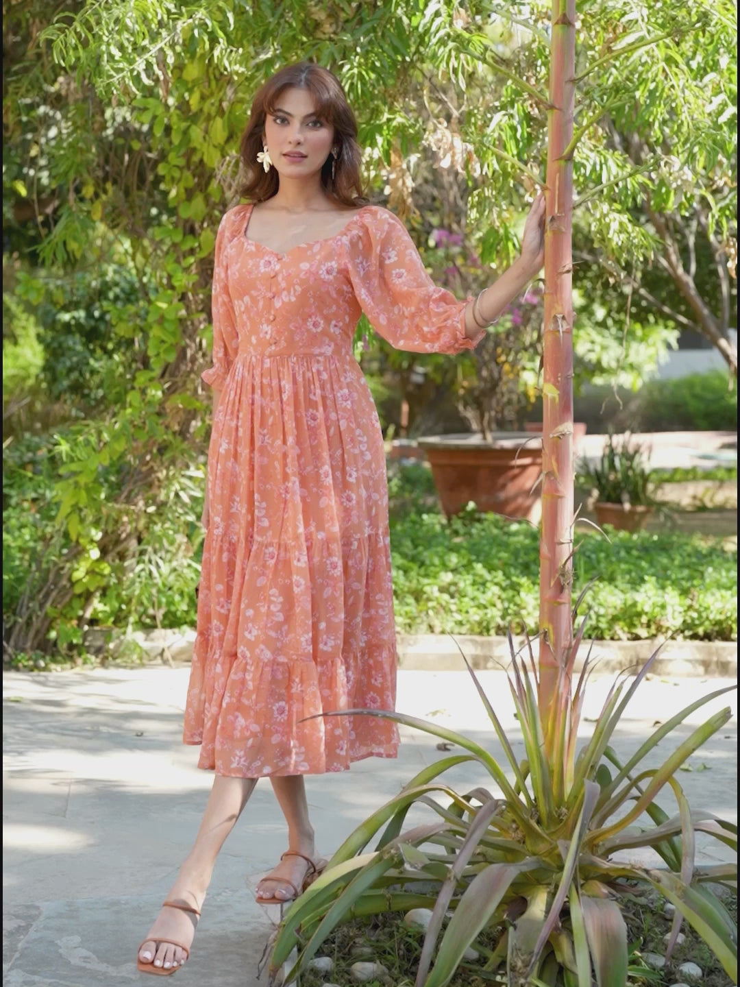 Orange Georgette Floral Printed Tiered Dress