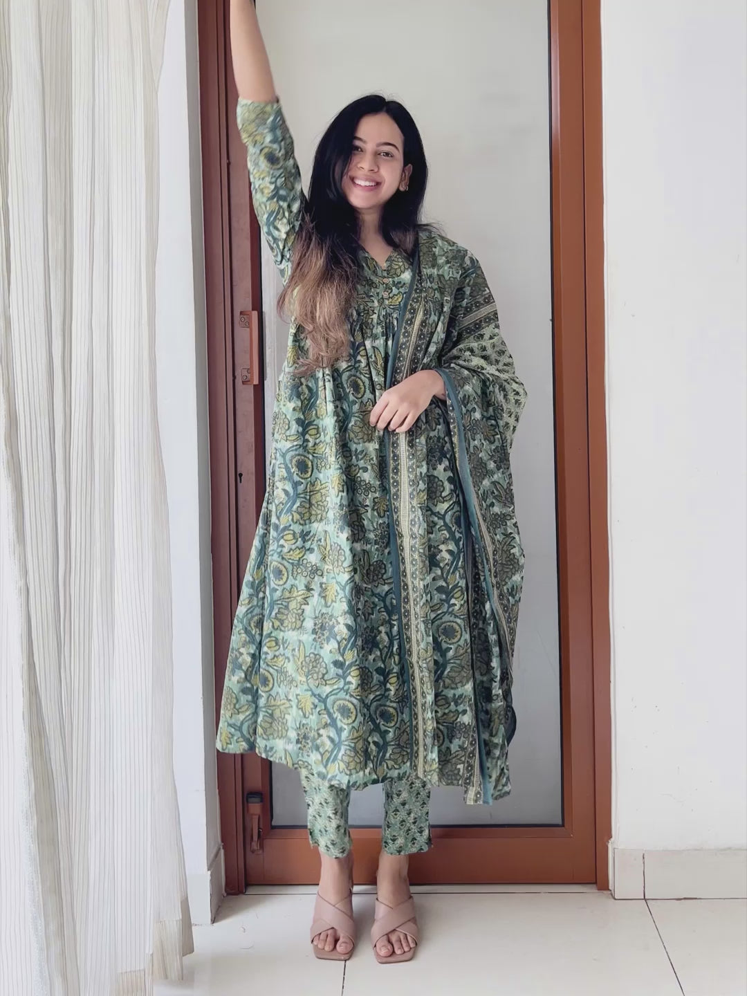 Sea Green Pure Cotton Floral Printed A-line Kurta Set