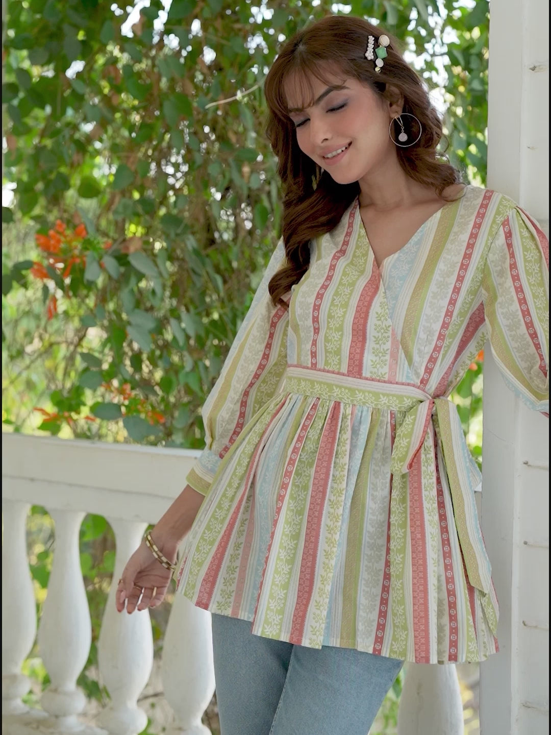 Off White Pure Cotton Floral Printed Peplum Top