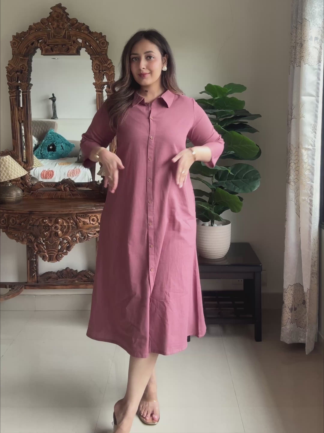 Mauve Cotton Solid A-line Dress