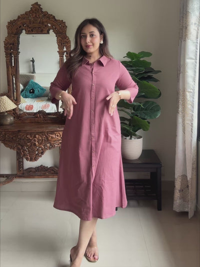 Mauve Cotton Solid A-line Dress