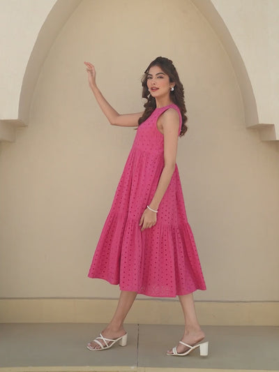 Janasya Women's Pink Pure Cotton Schiffli Tiered Dress