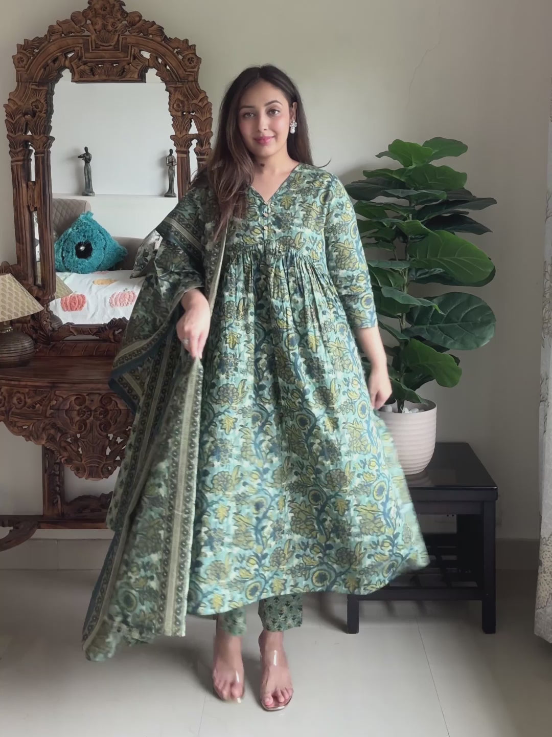 Sea Green Pure Cotton Floral Printed A-line Kurta Set