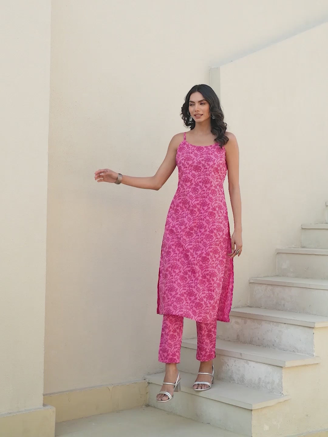 Janasya Women's Pink Pure Cotton Floral Printed Straight Kurta Pant Set