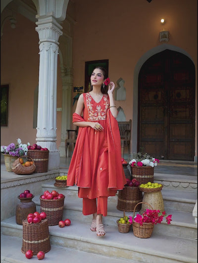 Janasya Women's Rust Pure Cotton Embroidered A-line Kurta Set