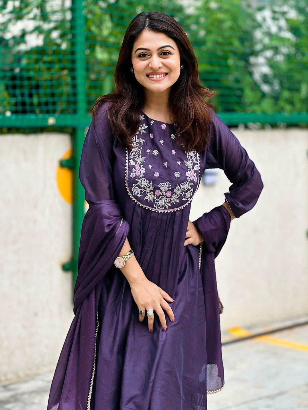 Purple Chanderi Yoke Embroidery A-Line Kurta Set