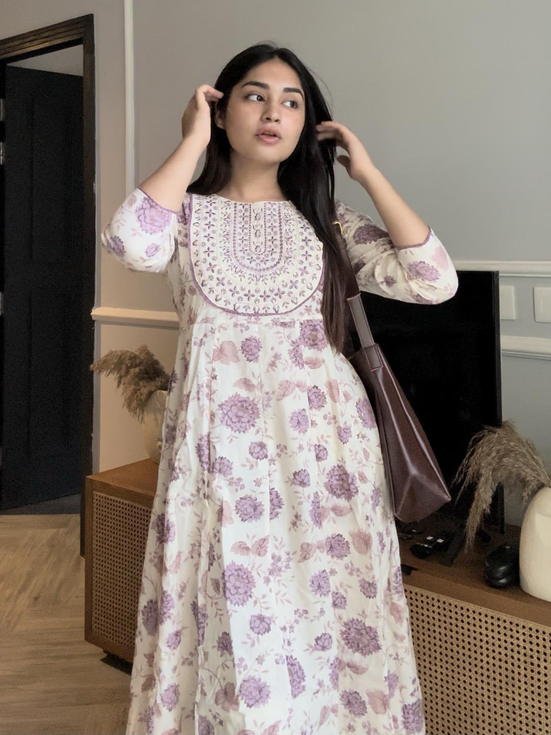 Off White Pure Cotton Floral Printed Yoke Embroidered Anarkali Kurta Set