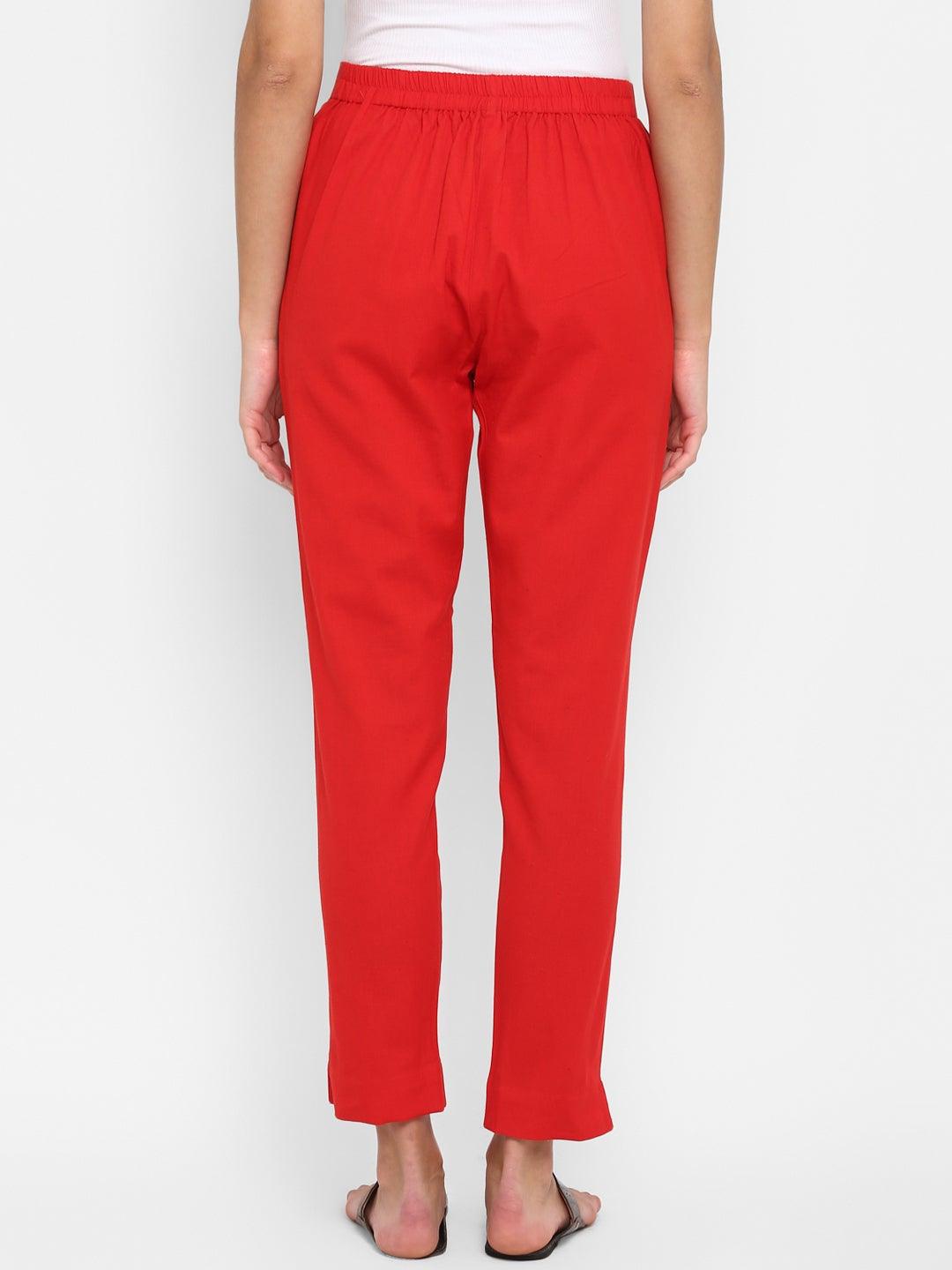 Red Pure Cotton Solid Ethnic Narrow Pant Janasya Gold-Discontinue