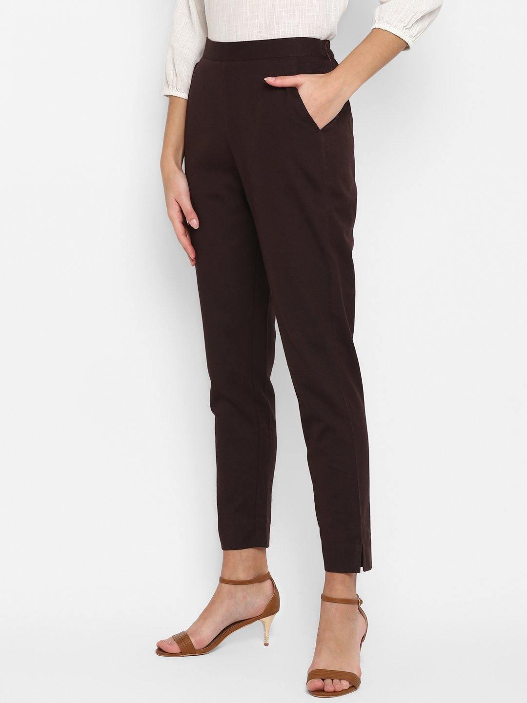 Brown Pure Cotton Solid Ethnic Narrow Pant Janasya Gold-Discontinue