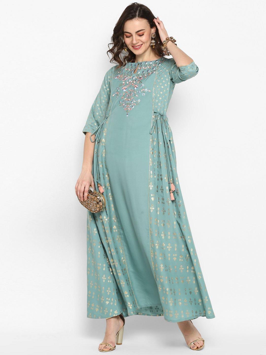 Green Rayon Embroidered Flared Ethnic Dress Janasya Gold