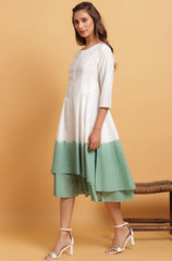 Green Cotton Striped Flared Western Dress Janasya Gold-Discontinue
