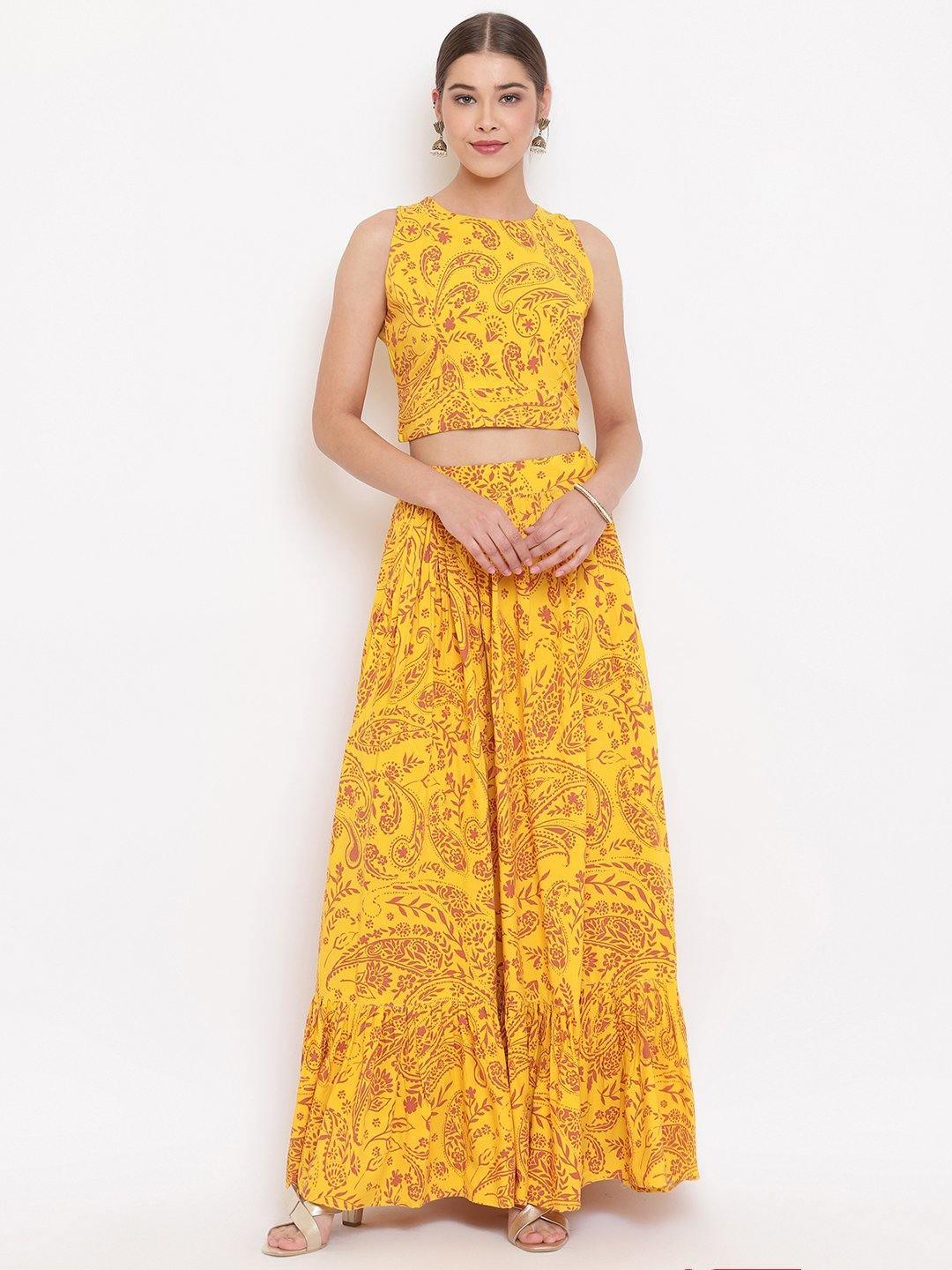 Mustard Rayon Crop Top With Skirt Janasya Gold-Discontinue