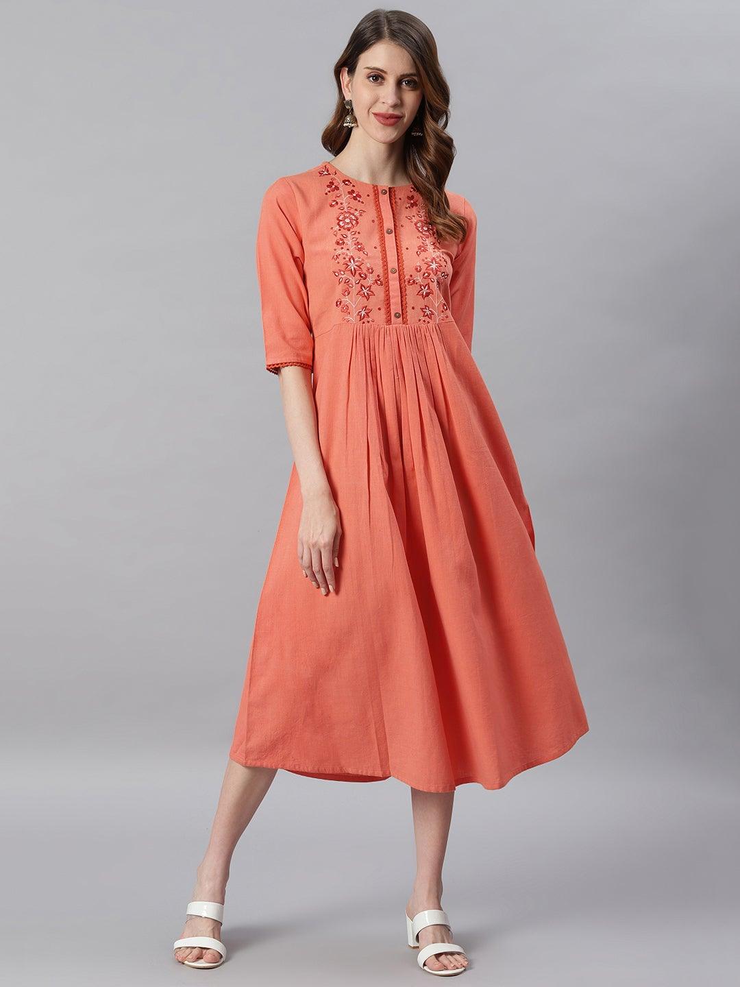 Orange Cotton Flex Embroidery Flared Western Dress Janasya Gold-Discontinue