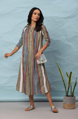 Multicolor Cotton Striped A-line Western Dress Janasya Gold-Discontinue