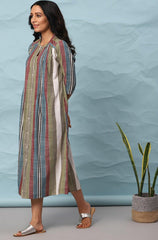 Multicolor Cotton Striped A-line Western Dress Janasya Gold-Discontinue