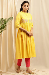 Yellow Cotton Embroidered Flared Kurta Janasya Gold-Discontinue