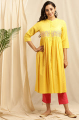 Yellow Cotton Embroidered Flared Kurta Janasya Gold-Discontinue