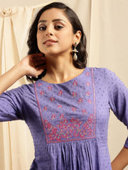 Purple Cotton Embroidered Flared Kurta Janasya Gold-Discontinue