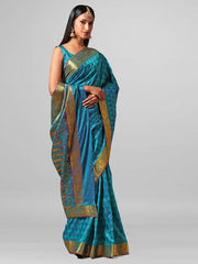 Teal Silk Cotton Woven Design  Saree with Blouse Piece