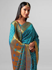 Teal Silk Cotton Woven Design  Saree with Blouse Piece