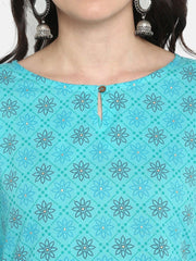Turquoise Cotton Floral Print Straight Kurta Janasya-Discontinue