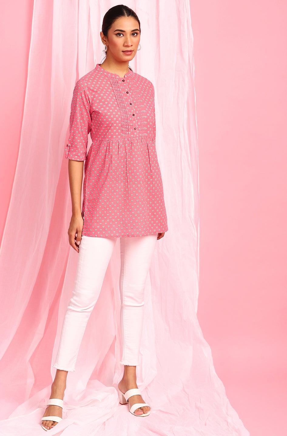 Pink Cotton Floral Print Empire Waist Tunic Janasya-Discontinue