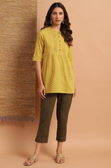 Mustard Cotton Slub Floral Print Straight Tunic Janasya-Discontinue