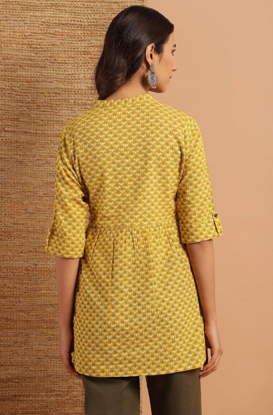 Mustard Cotton Slub Floral Print Straight Tunic Janasya-Discontinue