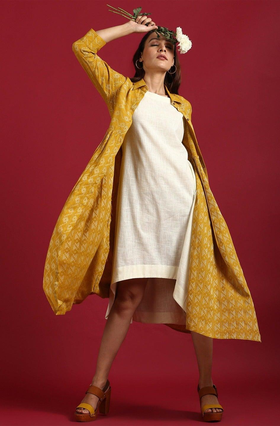Mustard Cotton Western Dress Janasya-Discontinue