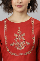 Plus Size Red Poly Silk Embroidered Straight kurta XL Love By Janasya