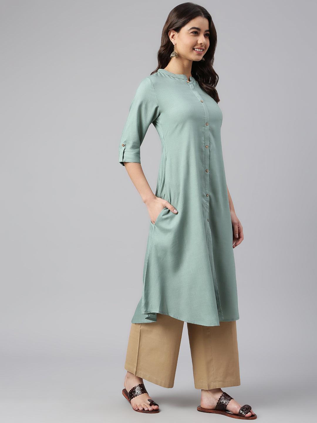 Sea Green Rayon Slub Solid Shirt Style Kurta Janasya-Discontinue