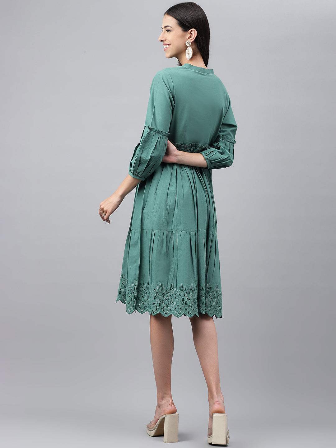 Green Cotton Schiffli Flared Dress - Janasya