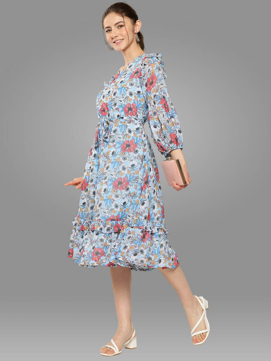 Sky Blue Georgette Digital Printed A Line Dress