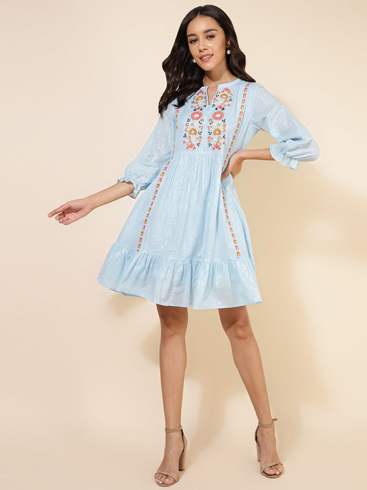 Sky Blue Cotton Embroidery Flared Dress