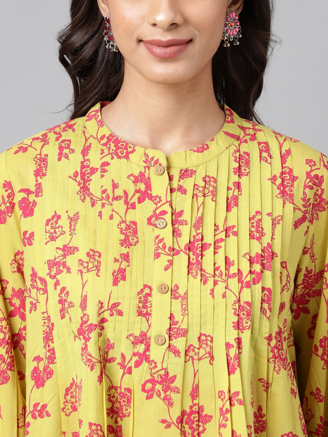 Yellow Cotton Floral Printed A-Line Top