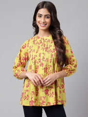 Yellow Cotton Floral Printed A-Line Top