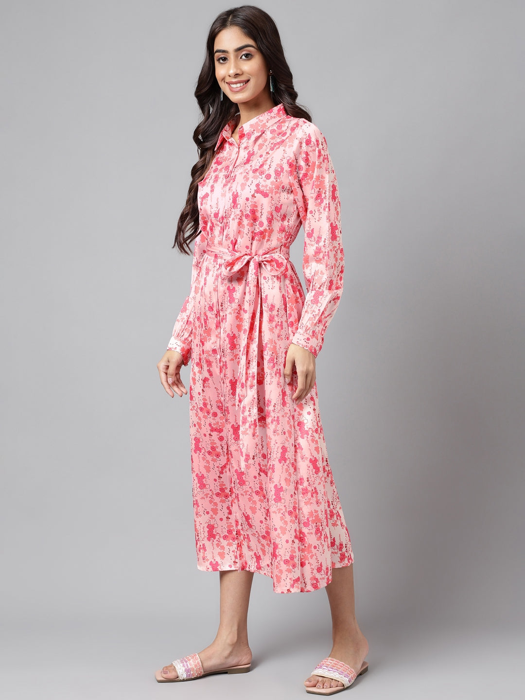 Peach Satin Digital Floral Printed A-line Dress