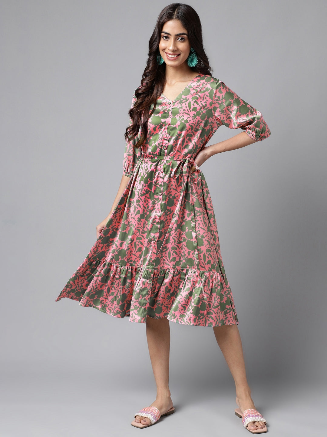 Pink Satin Digital Floral Printed A-line Dress – Janasya.com