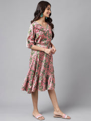 Pink Satin Digital Floral Printed A-line Dress