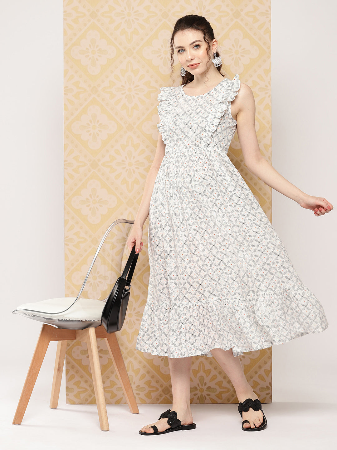 White Cotton Geometric Printed Ruffled Dress