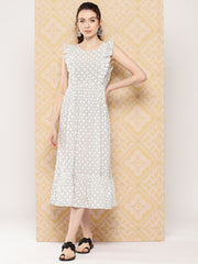 White Cotton Geometric Printed Ruffled Dress